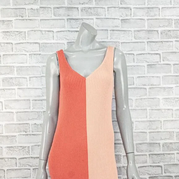 STAUD Dana Ribbed ColorBlock Mide Dress in Orange Peach Size Large - Picture 8 of 10
